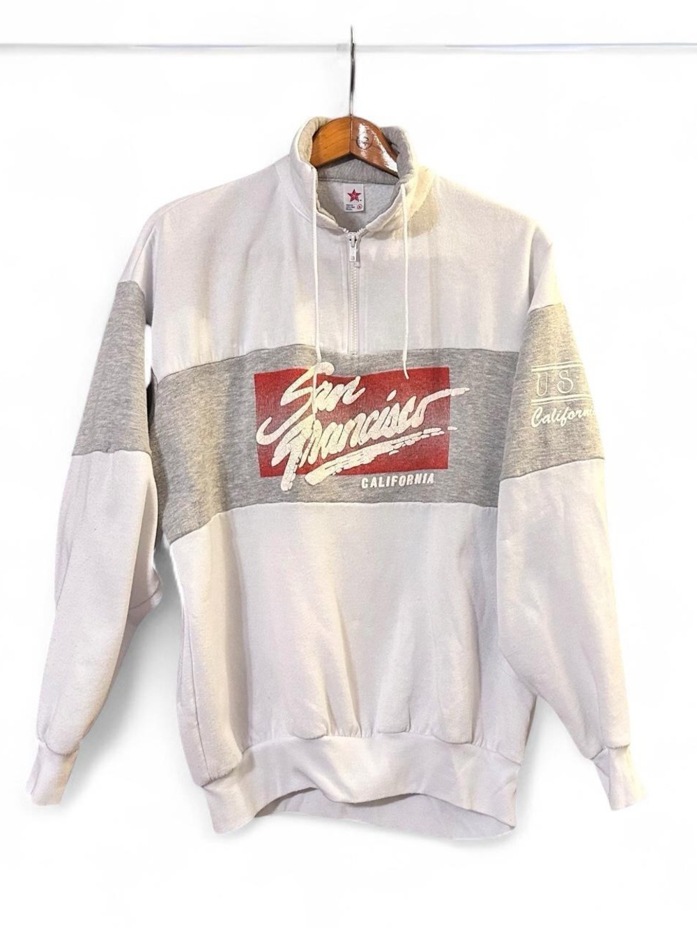 Vintage San Francisco Puffy Paint Quarter Zip Pullover Sweatshirt White Grey XL